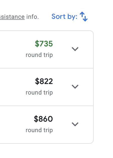 Screenshot of pricing list from Google Flights
